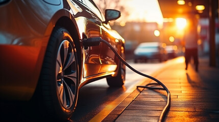 An electric car is charging at a station.