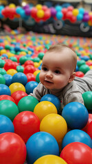 Fototapeta na wymiar Playful Adventure: Baby Engaging in Explorative Play within a Vibrant Ball Pit, Immersed in a Colorful Oasis of Joy and Discovery.