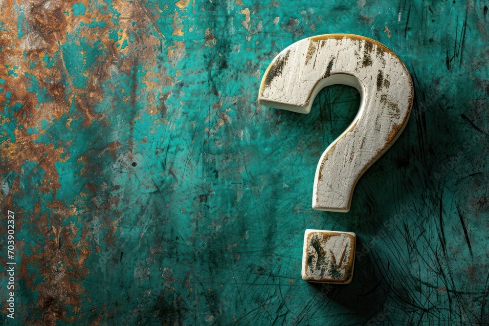 Poster question mark stands out on a textured turquoise background, symbolizing inquiry and the unknown