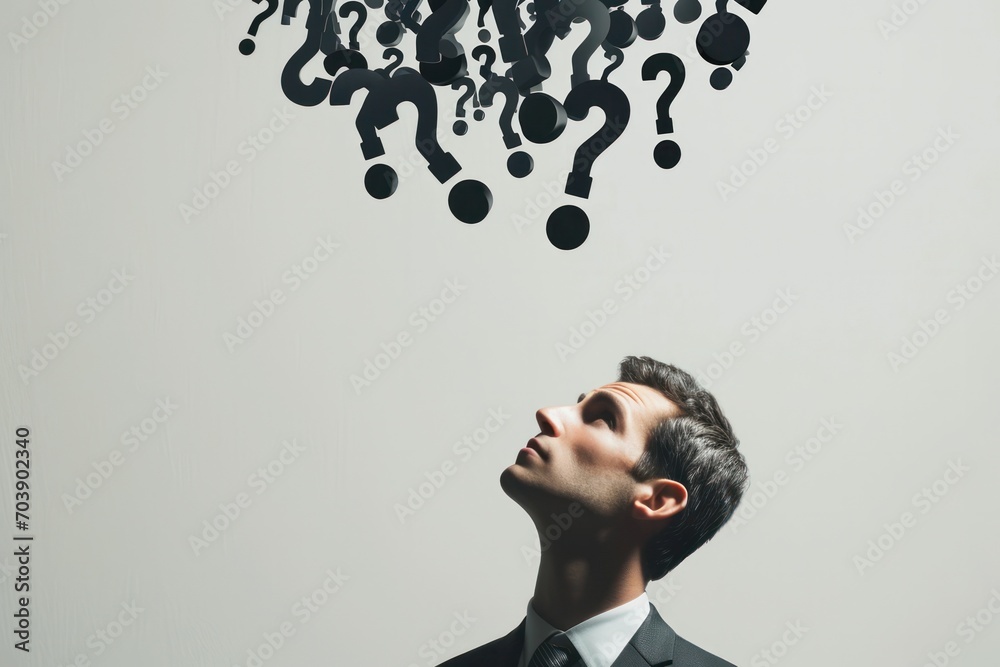Poster man in suit looking up at black question marks floating overhead, deep thought and inquiry