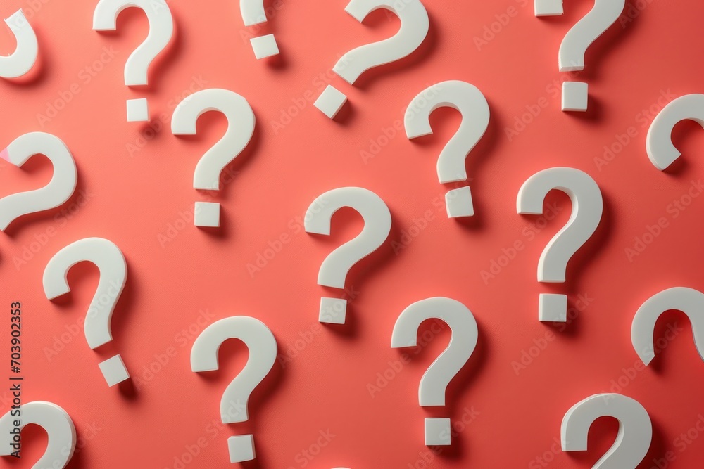 Aufkleber bright red backdrop with white question marks, hemes of inquiry, uncertainty, and problem solving