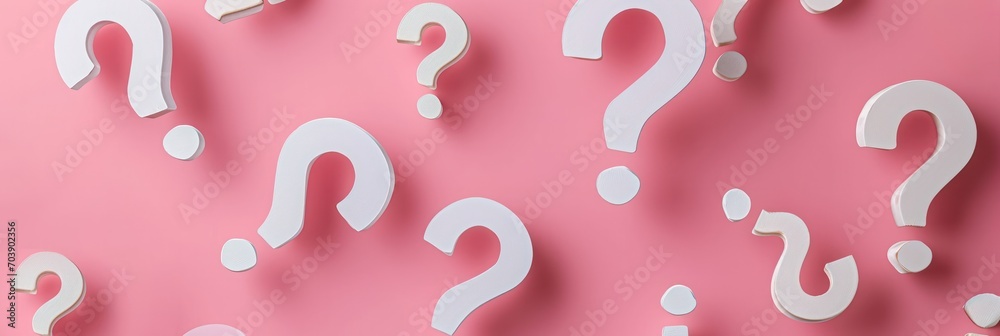 Poster shadows play on white question marks over delicate pink canvas, highlighting inquiry reflection