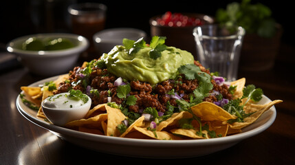 A plate of corn chips nachos with minced meat and guacamole on a wooden table