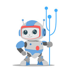 AI technology concept with cute robot character. Artificial intelligence in science and business, smart machine concept. Vector cartoon illustration with futuristic bot