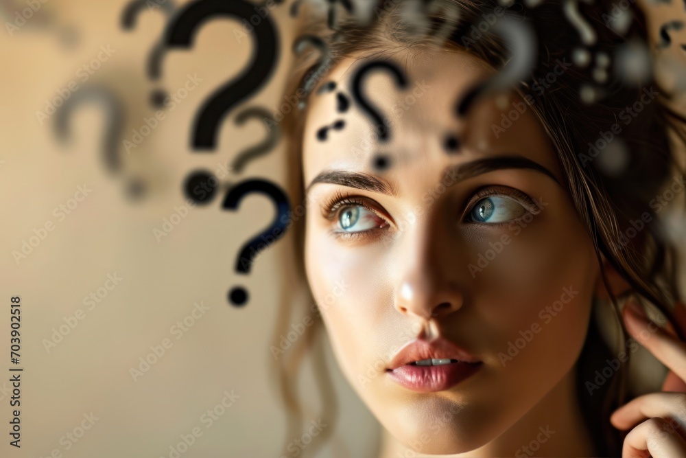 Poster woman with intense gaze among shadowy question marks, deep thought and the search for answers