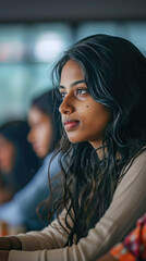 Obraz premium South Asian College Student Engaged in Learning: Diverse Classmates in the Background. Indian Female Student Actively Participating in Class, Utilizing Computer to Apply and Acquire New IT Skills from