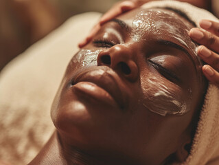 Beautiful black woman receiving facial treatment.	
