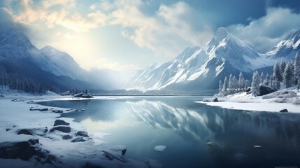 A frozen lake surrounded by snow-covered mountains, with a serene reflection.