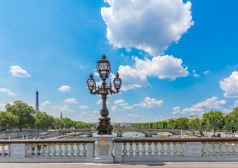 Fototapeta na wymiar Lamppost in Alexander III bridge with Eiffel tower on the background