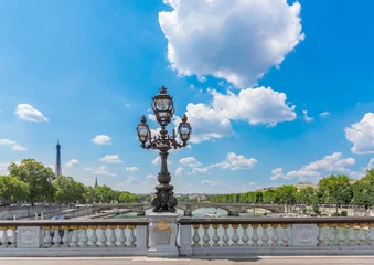 Foto auf Acrylglas Pont Alexandre III Lamppost in Alexander III bridge with Eiffel tower on the background
