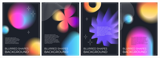A set of abstract posters with blurred shapes. Gradient template in retrofuturism style, retro wave, y2k, 2000s. Bright acidic colors on a black background