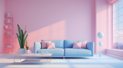 Modern livingroom design, pink and blue colors, sofa, flowerpot. generative AI