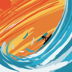 Modern abstract painting surfing on the waves illustration.