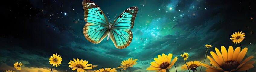 Beautiful turquoise Butterfly on yellow flower on fantastic star sky background.