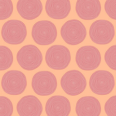 Seamless pattern of big casual pink circles with wooden texture on peach fuzz backdrop. Casual sketchy abstract print for paper and fabric.