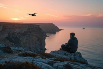 Man sitting on cliff controlling drone, pilot drone. A man controlling a drone in the wild