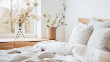 Tranquil minimalistic bedroom setting, natural light on white bedding, delicate dried flowers on windowsill. Comfort sleep resting environment