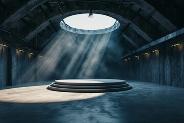 Perspective view dark smokey garage interior with spotlight and round pedestal on concrete floor, product presentation background and empty stage concept. 3D Rendering, mockup. generative ai.