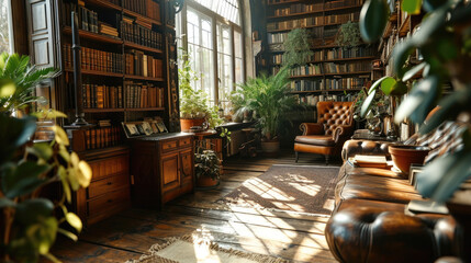 Fototapeta na wymiar Bibliophile's Nook: Library with Leather Chair