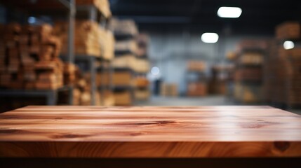 Wooden Tabletop with Blurred Warehouse Background