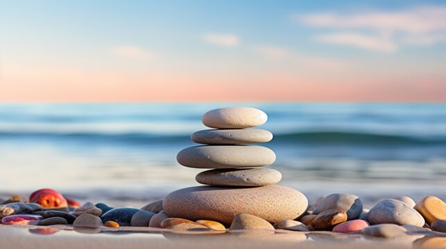 Serene Zen Stone Stack at Sunset Beach with Waves