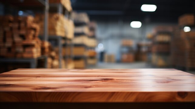 Wooden Tabletop with Blurred Warehouse Background