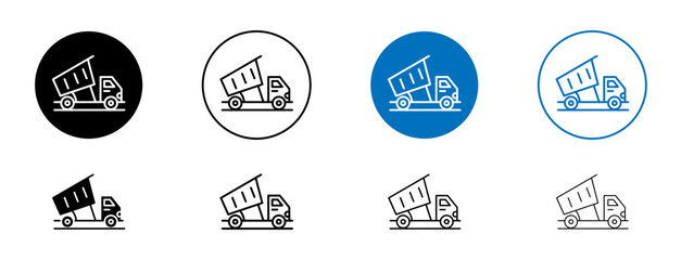 Tipper truck line icon set. Dump truck payload symbol in black and blue color. - obrazy, fototapety, plakaty