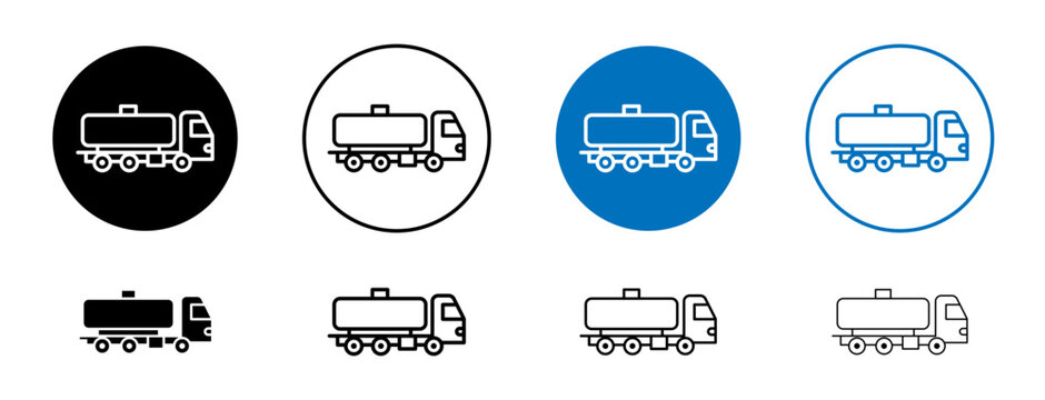 Tank truck line icon set. Fuel and oil container truck symbol in black and blue color.