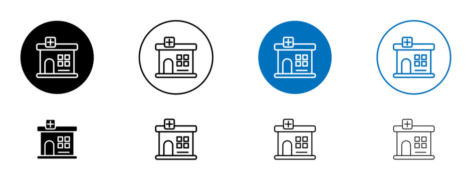 Pharmacy line icon set. pharmacist drugstore building symbol in black and blue color.