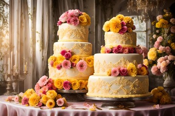 Picture a divine wedding cake, bathed in perfect lighting, adorned with lavish yellow and pink flower arrangements. 

 - obrazy, fototapety, plakaty