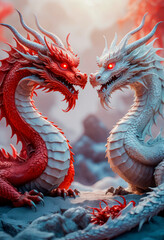 Dragons Yin and Yang, warriors of opposites. Two fantastic Chinese dragons. Year of the Dragon according to the eastern horoscope