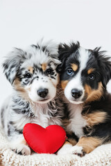 Two cute puppies of australian shepherd on Valentine's date on white background