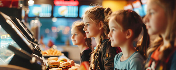 Children buy burgers at a fast food restaurant.