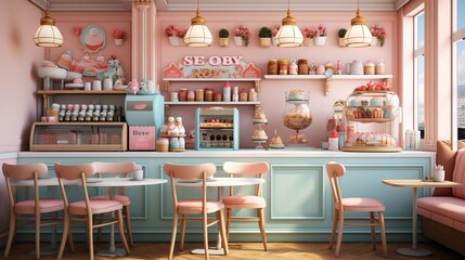 Pink and blue pastel bakery interior - obrazy, fototapety, plakaty
