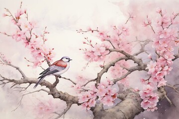 Watercolor painting of pink sakura on paper, image made with generative ai technology.