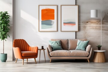 Modern living room interior with orange and blue paintings