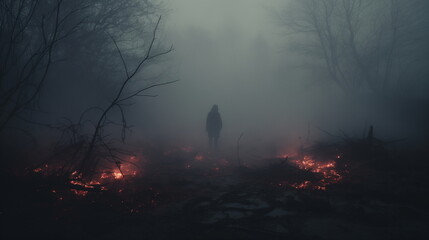 Burning forest in the fog. Dark silhouette standing alone.