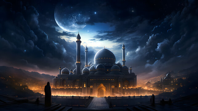 Islamic background mosque and the moon in the night sky full of stars ramadan kareem