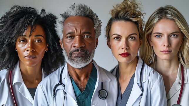 Group medical workers looking at camera, male and female doctors portrait looking at camera.