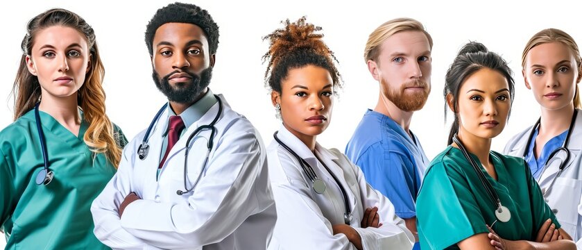 Group medical workers looking at camera, male and female doctors portrait looking at camera.
