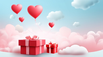 Gift box with heart balloon floating in the sky, Happy Valentines Day banners, paper art style