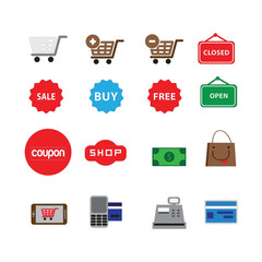 vector set of shopping icons. Collection of shop basket illustration signs. Shop package symbol. Shopping logo