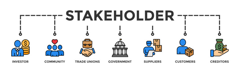 Stakeholder relationship banner web icon vector illustration concept for stakeholder, investor, government, and creditors with icon of community, trade unions, suppliers, and customers
