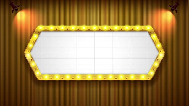 Theater cinema sign hexagon on gold color theme curtains with spotlight. 4k animation. You can put text easily.