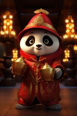Cute panda wearing red Chinese clothing, god of wealth
