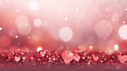 Fototapeta na wymiar Romantic Valentine's Day background with pink hearts and bokeh roses