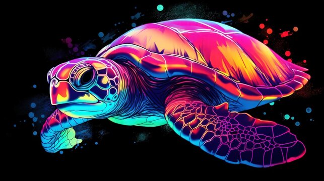 A turtle, neon colors, digital art and watercolor, dark background, generative AI
