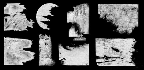 Set of Old Grunge Torn Ripped Paper Pieces and Round Stickers Isolated On Black Background. Urban Wall Poster Texture. High Quality Distressed Elements For Mixed Media Collage.