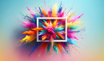 Colorful Holi festival background. Vibrant burst of rainbow powders emerges from white frame, creativity, energy, dynamic future. Abstract texture of multi-colored dust. Copy space, mock up - obrazy, fototapety, plakaty