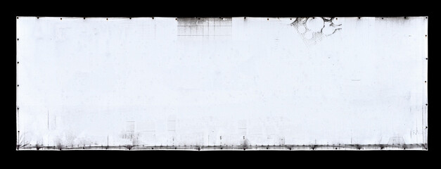 Old Blank White Empty Wide Stretched Banner Billboard Isolated on Black. Dirty Aged Grunge Rusty...